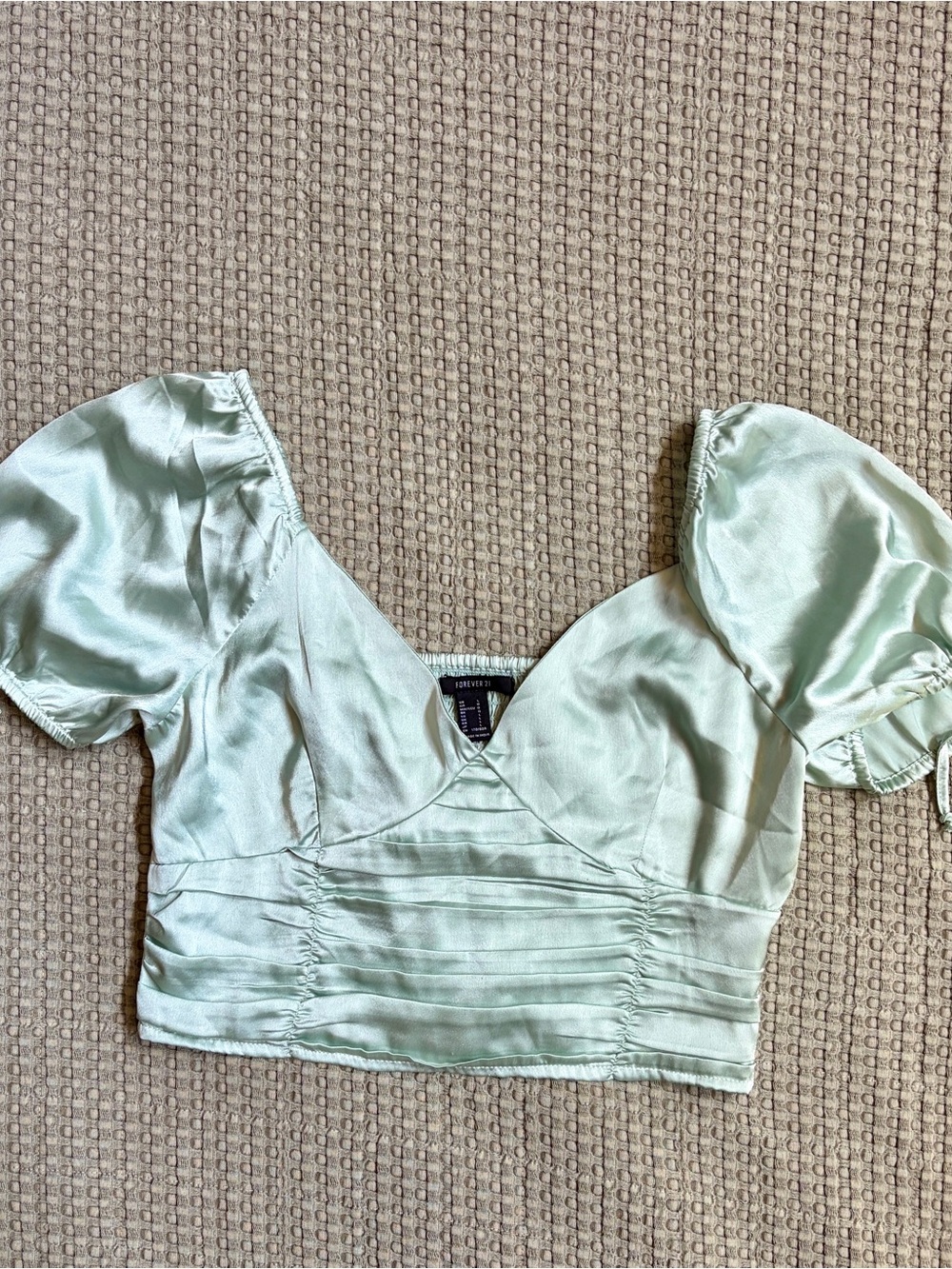 Forever 21 Mint Satin Puff Sleeve Crop Top